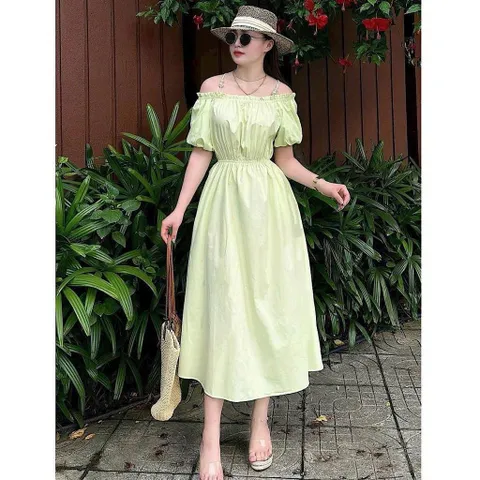 Váy thô lụa trễ vai 2 dây ngọc chun eo siêu xinh - Mây Boutique - May0915