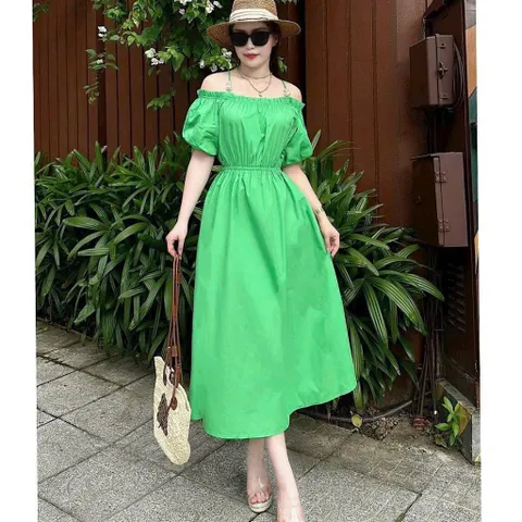 Váy thô lụa trễ vai 2 dây ngọc chun eo siêu xinh - Mây Boutique - May0915