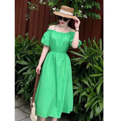 Váy thô lụa trễ vai 2 dây ngọc chun eo siêu xinh - Mây Boutique - May0915