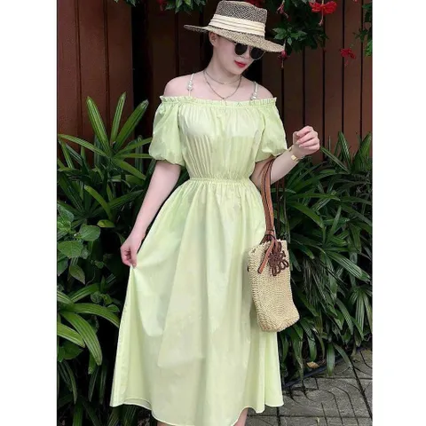 Váy thô lụa trễ vai 2 dây ngọc chun eo siêu xinh - Mây Boutique - May0915
