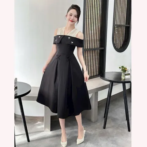 Váy dự tiệc trễ vai phối voan đính nơ xinh - Mây Boutique