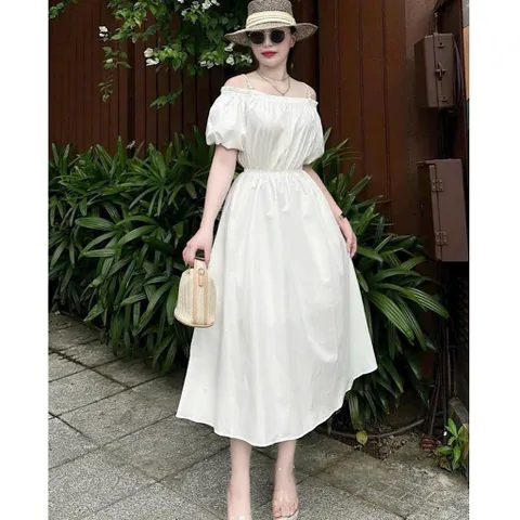 Váy thô lụa trễ vai 2 dây ngọc chun eo siêu xinh - Mây Boutique - May0915