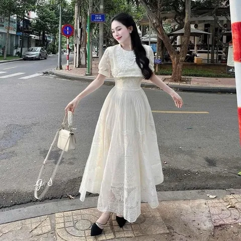 Váy maxi ren kem cổ vạt đính hoa - May0915