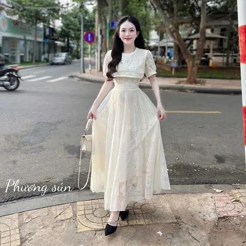 Váy maxi ren kem cổ vạt đính hoa - May0915