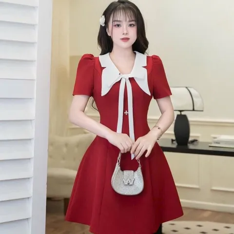 Váy tuytsi phối cổ bướm siu xinh, tôn dáng - May0915