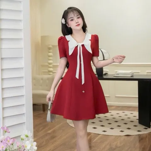 Váy tuytsi phối cổ bướm siu xinh, tôn dáng - May0915