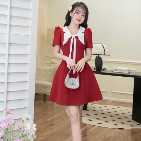Váy tuytsi phối cổ bướm siu xinh, tôn dáng - May0915
