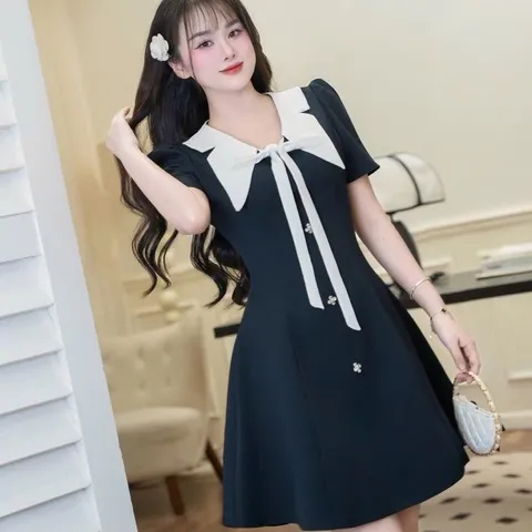 Váy tuytsi phối cổ bướm siu xinh, tôn dáng - May0915