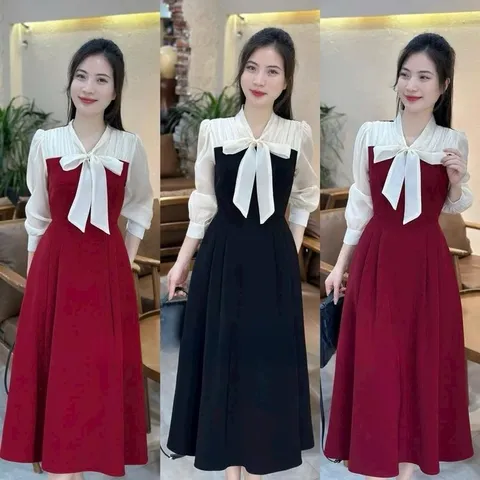 Váy công sở phối sơ mi cổ buộc nơ siêu xinh - May0915