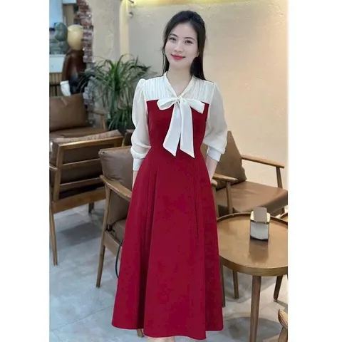 Váy công sở phối sơ mi cổ buộc nơ siêu xinh - May0915