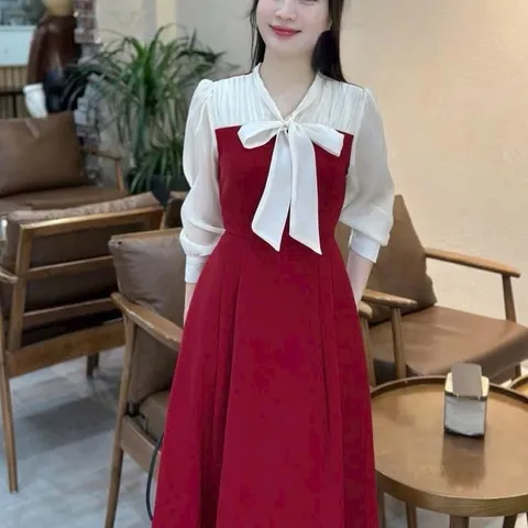Váy công sở phối sơ mi cổ buộc nơ siêu xinh - May0915