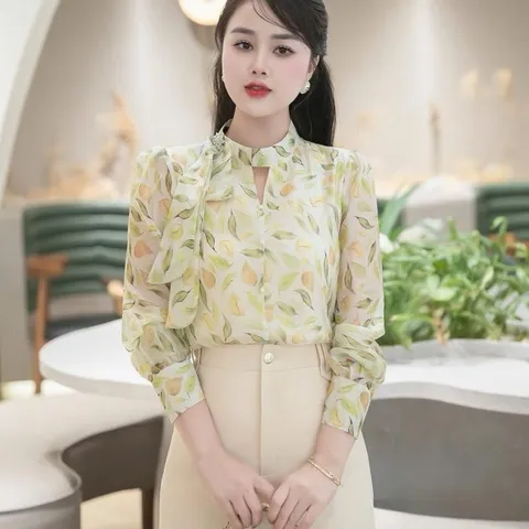 Áo sơ mi công sở hoạ tiết cổ nơ lệch - May0915