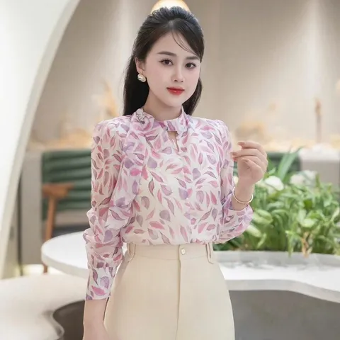 Áo sơ mi công sở hoạ tiết cổ nơ lệch - May0915