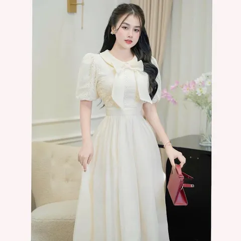 Váy ren phối tơ tay bồng xinh xắn - Mây Boutique HN