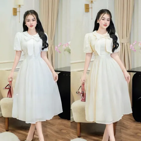 Váy ren phối tơ tay bồng xinh xắn - Mây Boutique HN