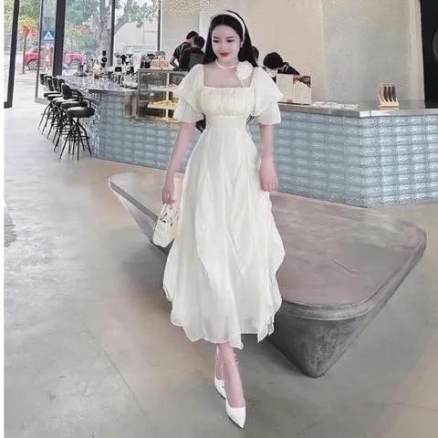 Váy maxi bèo trễ vai có đệm ngực kèm choker xinh
