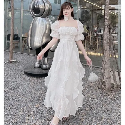 Váy maxi bèo trễ vai có đệm ngực kèm choker xinh