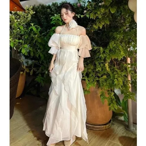 Váy maxi bèo trễ vai có đệm ngực kèm choker xinh