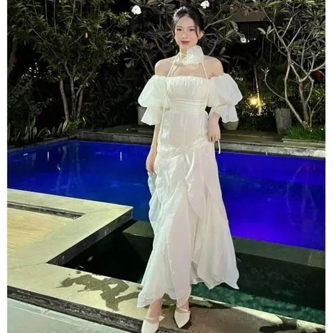 Váy maxi bèo trễ vai có đệm ngực kèm choker xinh