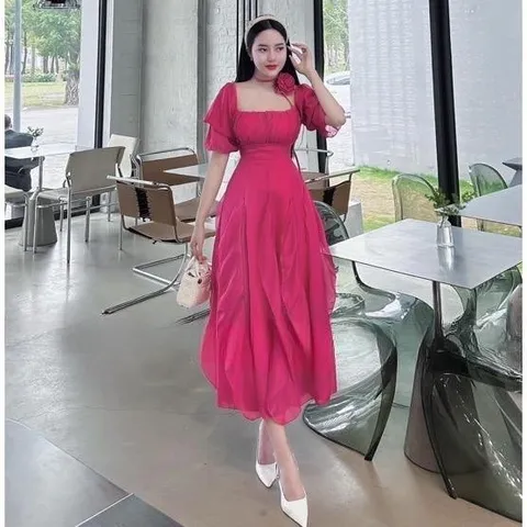 Váy maxi bèo trễ vai có đệm ngực kèm choker xinh