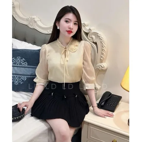 Áo sơ mi cổ bèo đính hoa tay lỡ chất tơ siêu đẹp - May0915