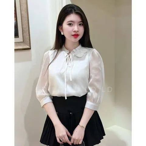 Áo sơ mi cổ bèo đính hoa tay lỡ chất tơ siêu đẹp - May0915