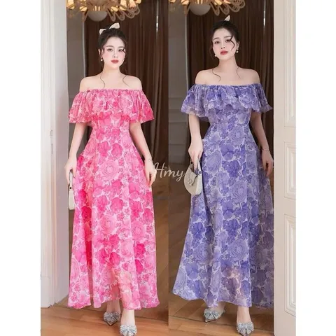 Váy maxi trễ vai, váy maxi hoa trễ vai siêu xinh - May0915