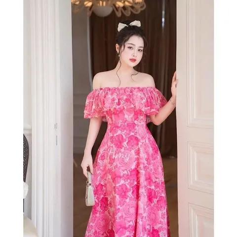 Váy maxi trễ vai, váy maxi hoa trễ vai siêu xinh - May0915