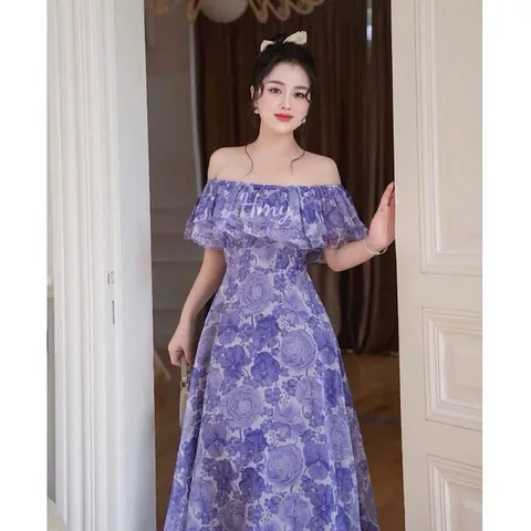 Váy maxi trễ vai, váy maxi hoa trễ vai siêu xinh - May0915