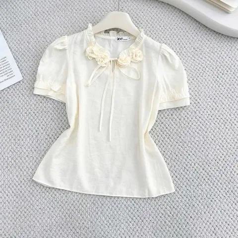 Áo sơ mi cổ bèo đính hoa tone màu cực xinh, chất mềm siêu mát - May0915