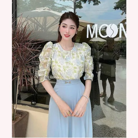 Áo sơ mi tơ hoa 3D tay lỡ viền ngọc - May3 - May0915