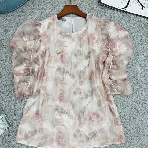 Áo sơ mi tơ hoa 3D tay lỡ viền ngọc - May3 - May0915