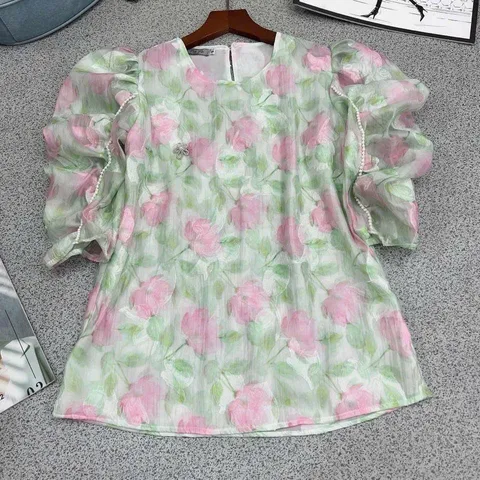 Áo sơ mi tơ hoa 3D tay lỡ viền ngọc - May3 - May0915