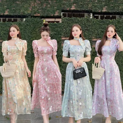 Váy maxi tơ óng hoa thêu nơ cổ tiểu thư sang chảnh