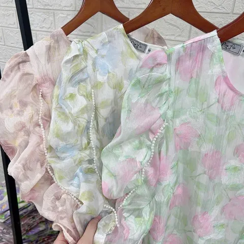 Áo sơ mi tơ hoa 3D tay lỡ viền ngọc - May3 - May0915
