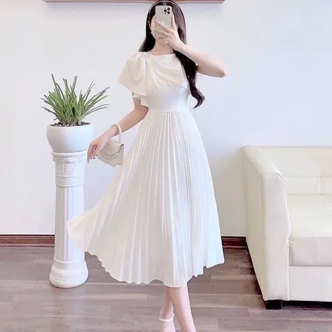 Váy trượt phủ vai xếp ly, váy dự tiệc sang chảnh