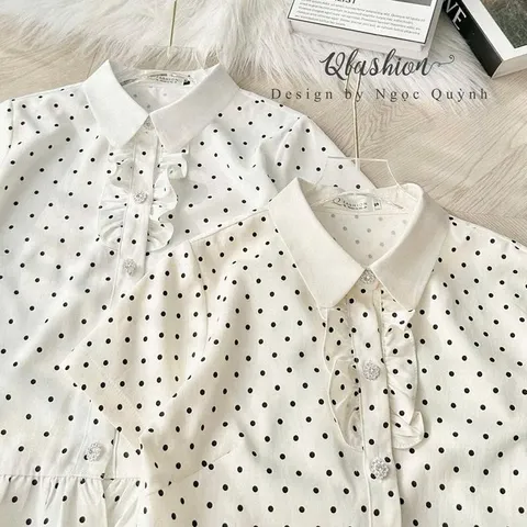 Áo sơ mi chấm bi vạt bèo trẻ trung xinh xắn - May0915