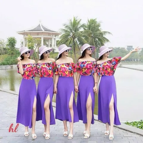 Sét váy đi biển, đồng phục hội nhóm, áo trễ vai kèm chân váy xẻ - May0915