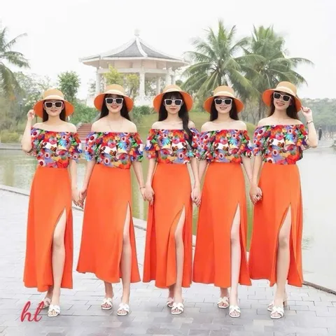 Sét váy đi biển, đồng phục hội nhóm, áo trễ vai kèm chân váy xẻ - May0915