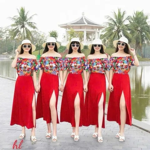 Sét váy đi biển, đồng phục hội nhóm, áo trễ vai kèm chân váy xẻ - May0915