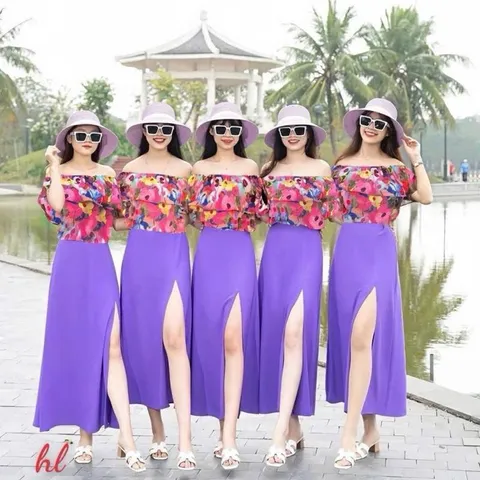 Sét váy đi biển, đồng phục hội nhóm, áo trễ vai kèm chân váy xẻ - May0915