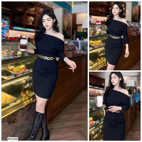 Váy dự tiệc body lệch vai dài tay chất cotton mềm mát ( không kèm đai )