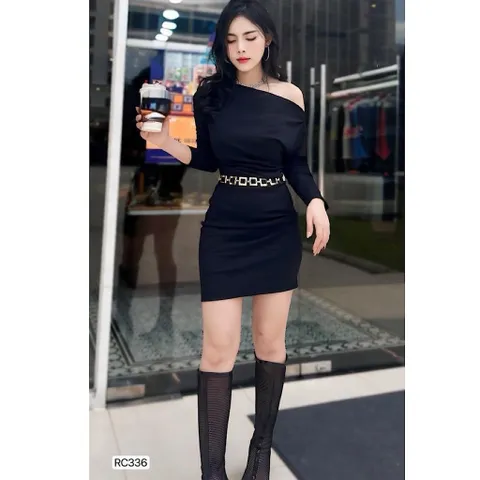 Váy dự tiệc body lệch vai dài tay chất cotton mềm mát ( không kèm đai )