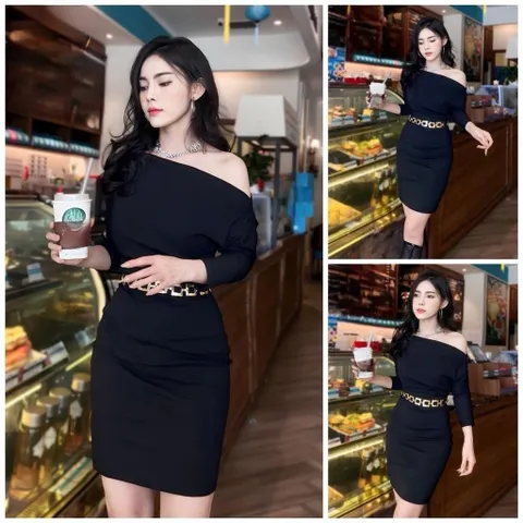 Váy dự tiệc body lệch vai dài tay chất cotton mềm mát ( không kèm đai )