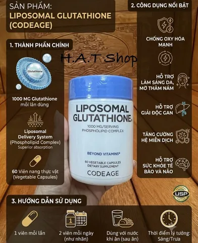 Viên uống hỗ trợ dưỡng sáng da của Mỹ cải thiện nám Hãng CODEAGE Liposomal Glutathione 1000mg 60 viên 