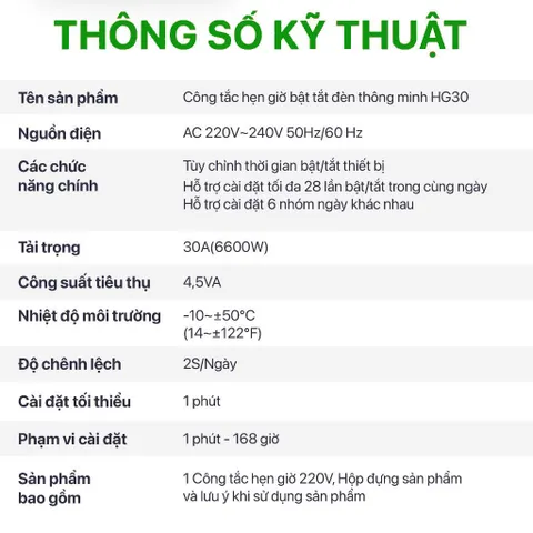 Công tắc hẹn giờ bật tắt điện 220V HG30 công suất lớn 30A, 28 chương trình và có thời gian chính xác