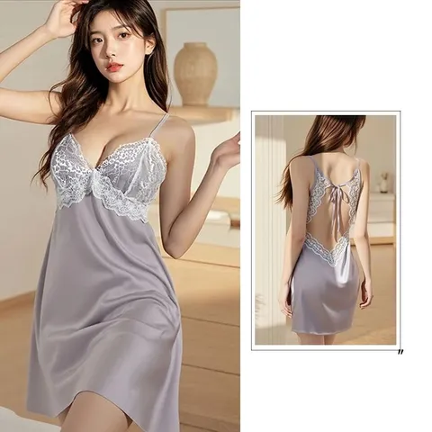 Váy Ngủ Lụa 2 Dây Xinh Phối Ren Hở Lưng Gợi Cảm Đáng Yêu Đầm Mặc Nhà - N282 Tím Nhạt