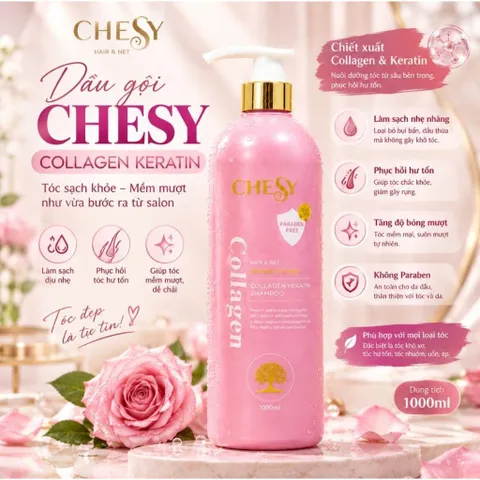 🩷 DẦU GỘI CHESY COLLAGEN KERATIN 1000ML – CHO TÓC KHÔ XƠ, UỐN NHUỘM