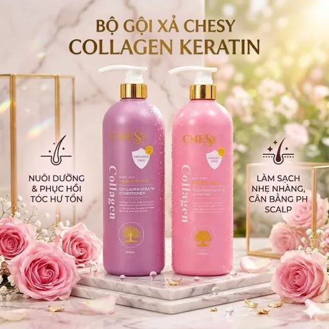 🌸 COMBO DẦU GỘI + DẦU XẢ CHESY COLLAGEN KERATIN 1000ML 🌸