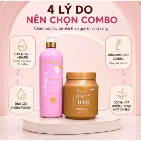 Combo Gội Chesy Collagen 1000ml & Hấp Dầu Phục Hồi Tóc Hyamin DTH 1000ml – Chuẩn Salon Tại Nhà